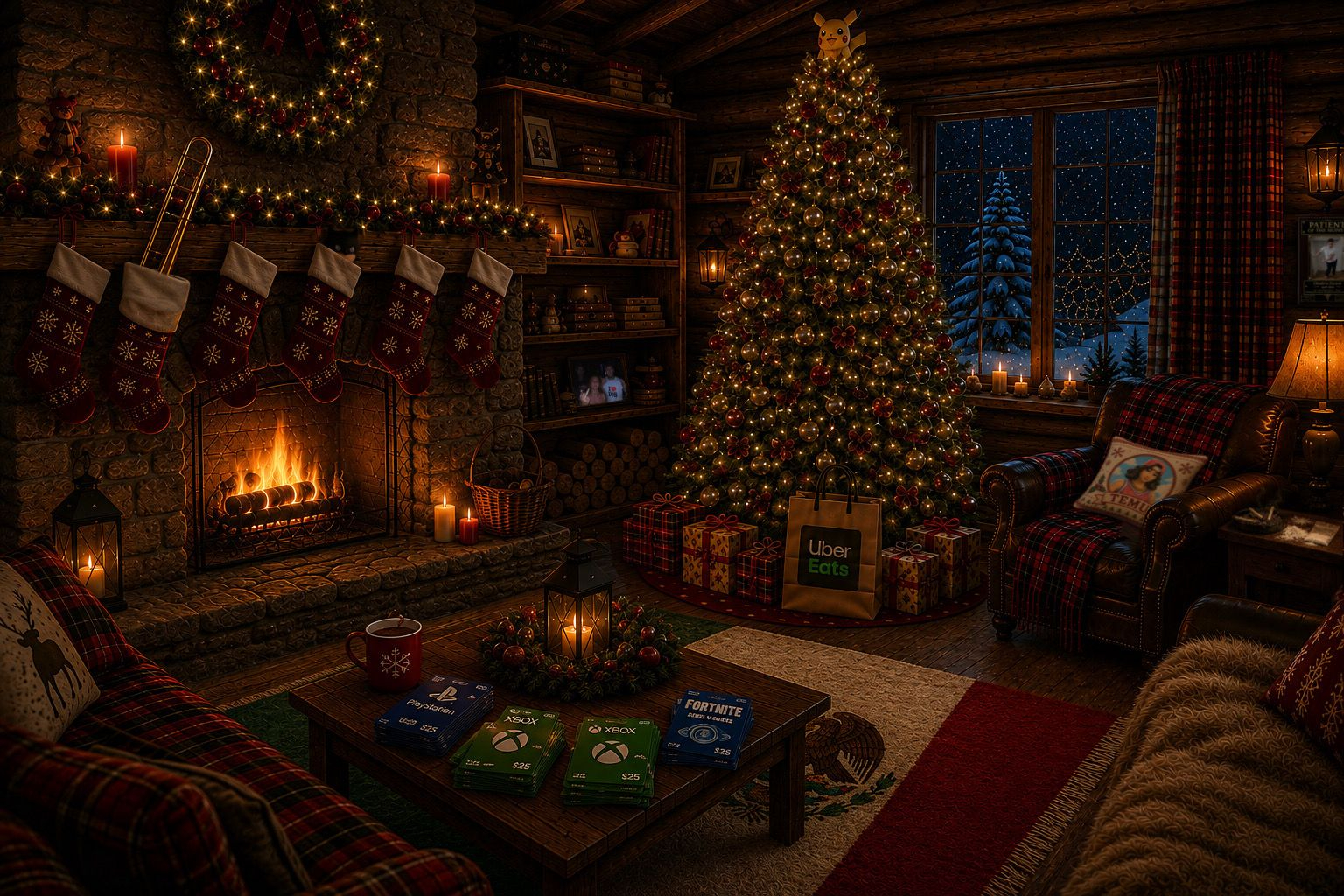 A candlelit log cabin living room on Christmas Eve, seen through melting frost